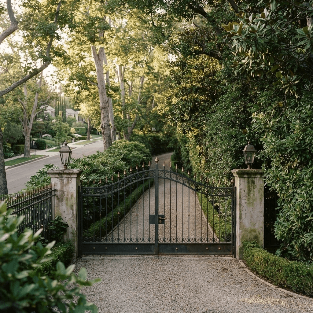 A quiet, broad tree-lined Holmby Hills street with a formal estate gate set between stone pillars and mature trees