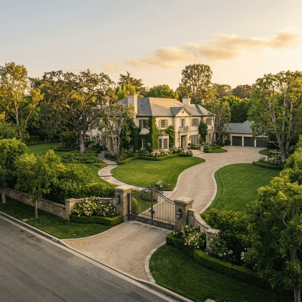 A stately, established Holmby Hills estate near Westwood on a broad tree-lined lot at golden hour