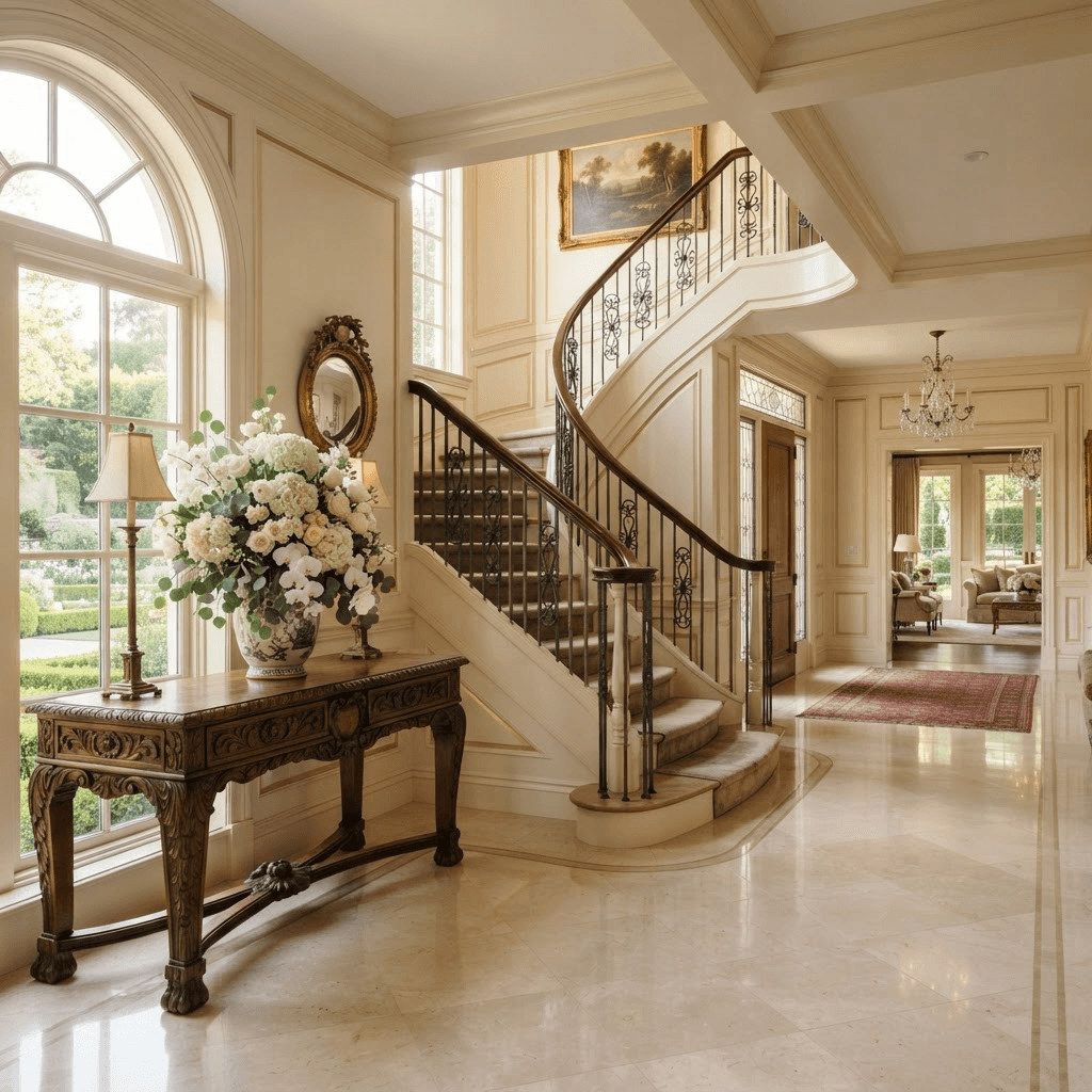 Formal entry hall of an established Holmby Hills estate with polished stone floors and a graceful curved staircase
