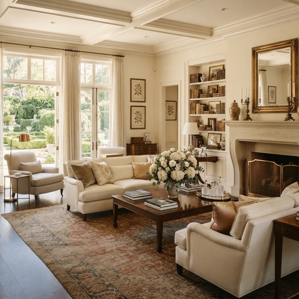 Gracious, formal Westwood estate living room with tall windows onto manicured gardens and a marble fireplace
