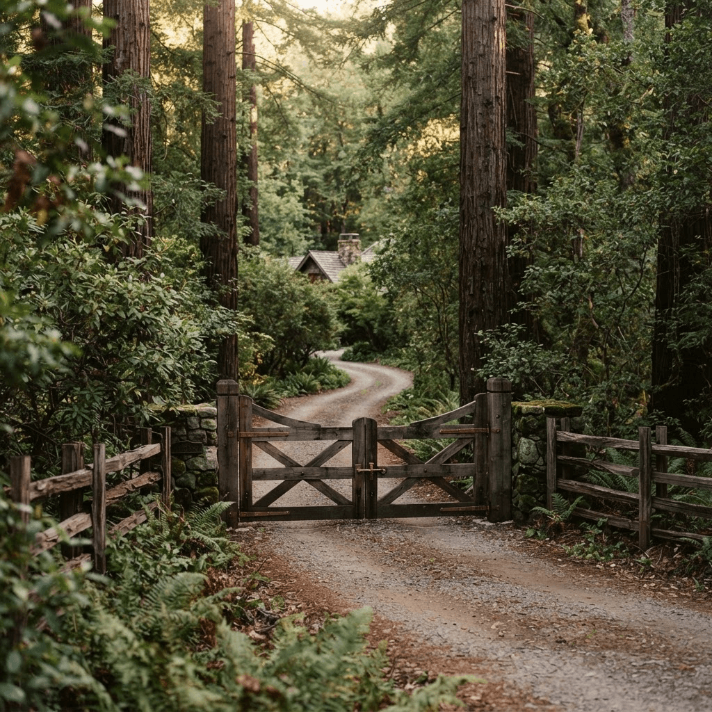 A quiet Woodside country lane beneath redwoods with a rustic ranch gate and split-rail fencing screening private acreage
