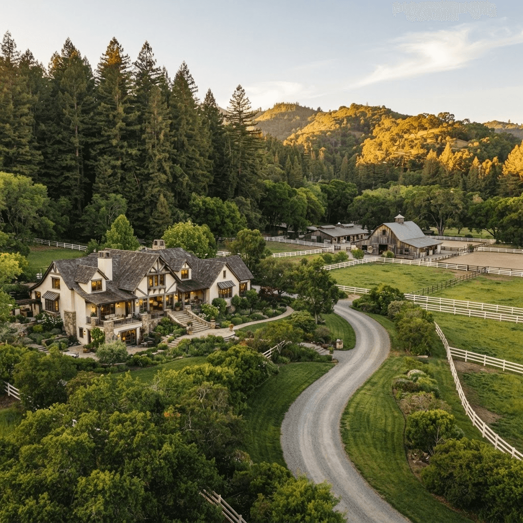 A genuine Woodside ranch estate on acreage beneath tall redwoods, with a barn and white-fenced paddocks at golden hour