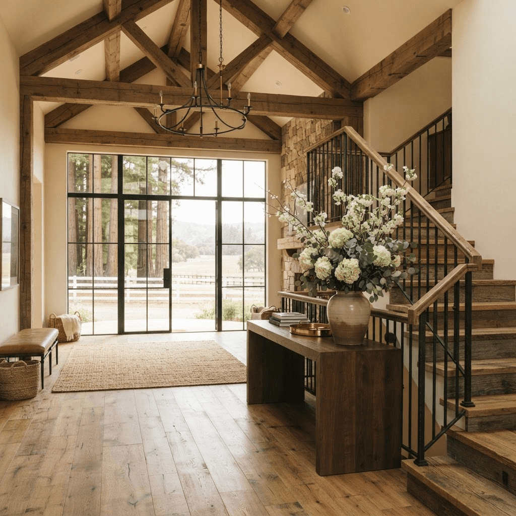Warm entry of a Woodside ranch estate with timber beams, a stone-and-wood staircase, and tall windows onto redwoods and paddocks
