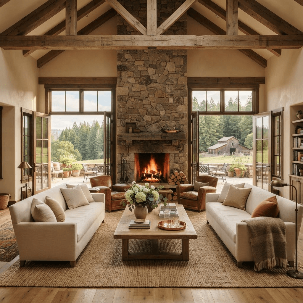 Spacious Woodside ranch-estate living room with a stone fireplace and French doors onto acreage, redwoods, and a barn beyond